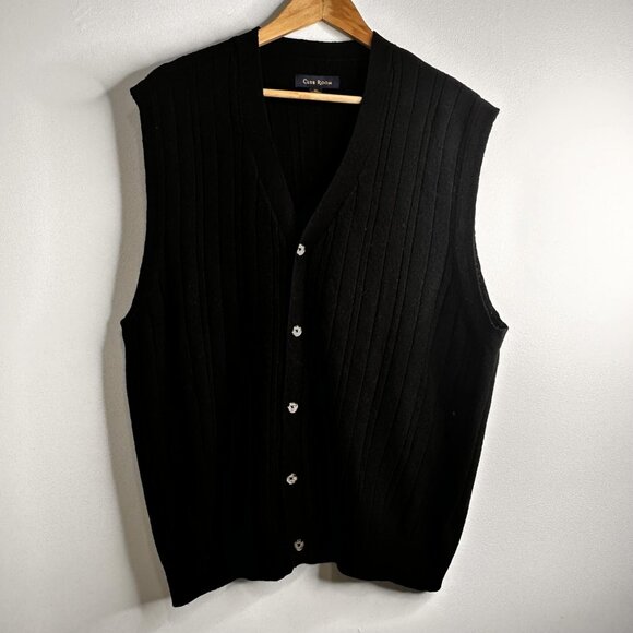 Club Room Sweater Vest Mens XL Black 100% Lambswool Button Front Knit Classic - Picture 1 of 9